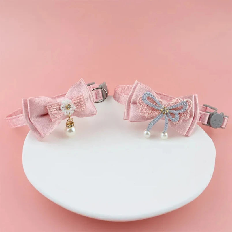 Pet Collar Pink Lace Bow Hanging Bead Cat Choker