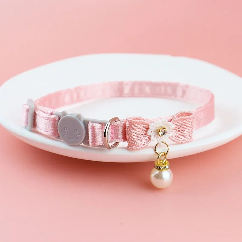 Pet Collar Pink Lace Bow Hanging Bead Cat Choker
