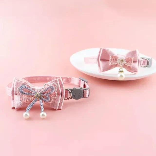 Pet Collar Pink Lace Bow Hanging Bead Cat Choker