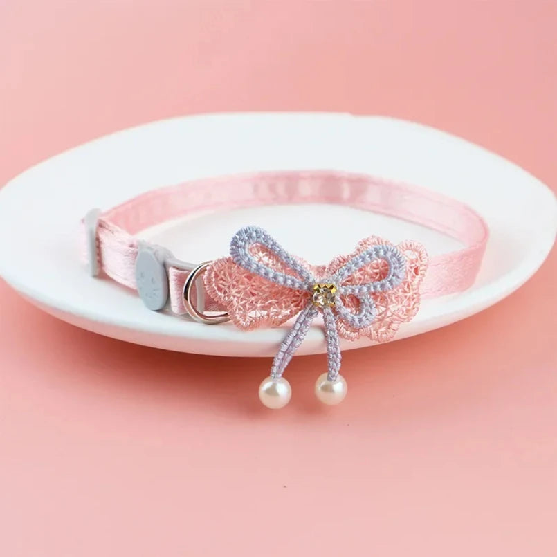 Pet Collar Pink Lace Bow Hanging Bead Cat Choker