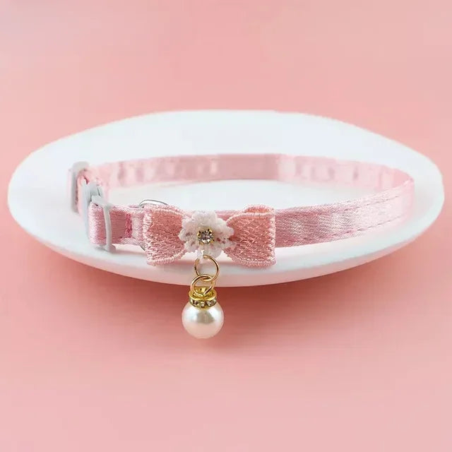 Pet Collar Pink Lace Bow Hanging Bead Cat Choker