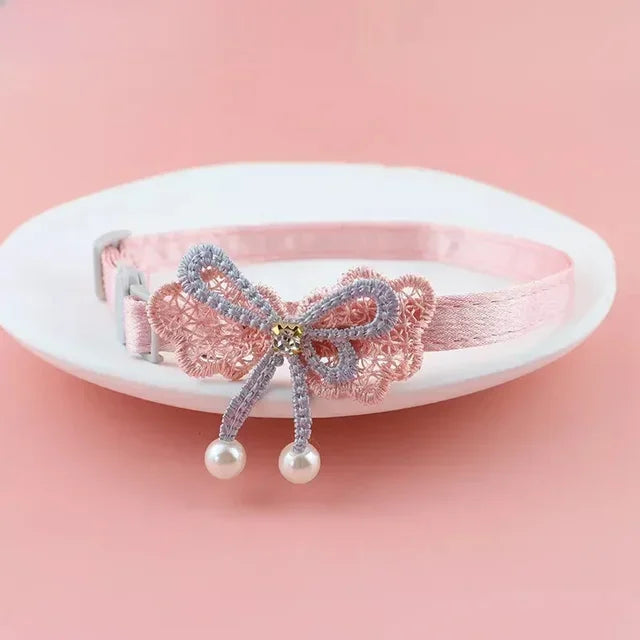Pet Collar Pink Lace Bow Hanging Bead Cat Choker