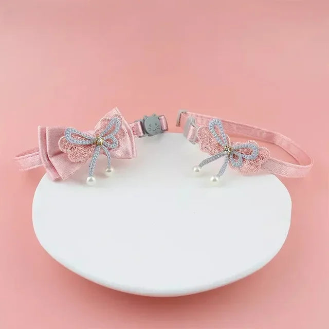 Pet Collar Pink Lace Bow Hanging Bead Cat Choker