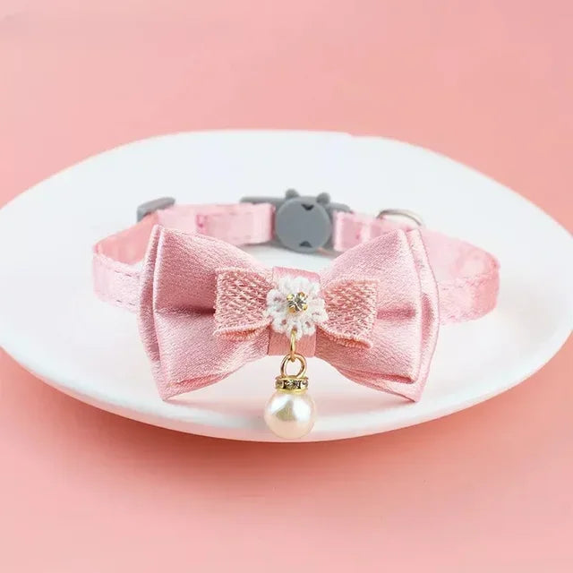 Pet Collar Pink Lace Bow Hanging Bead Cat Choker