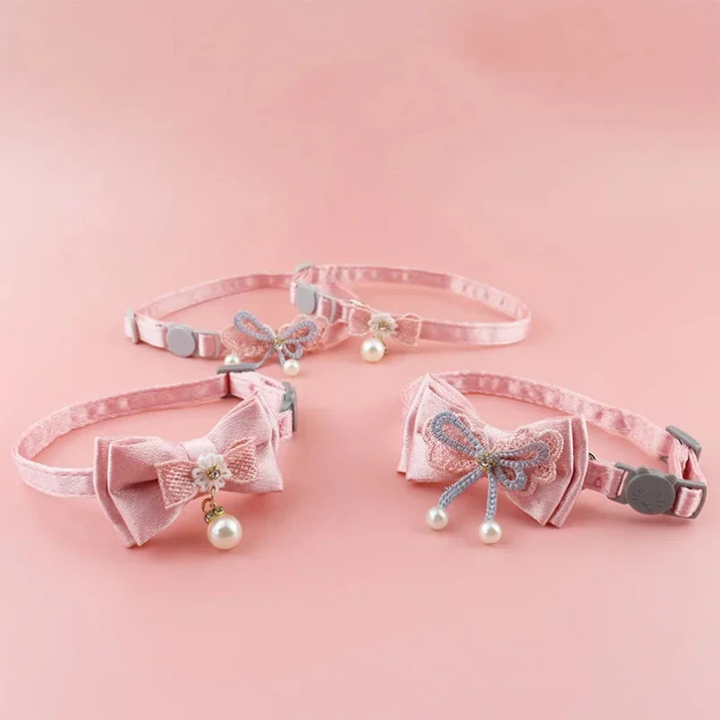 Pet Collar Pink Lace Bow Hanging Bead Cat Choker