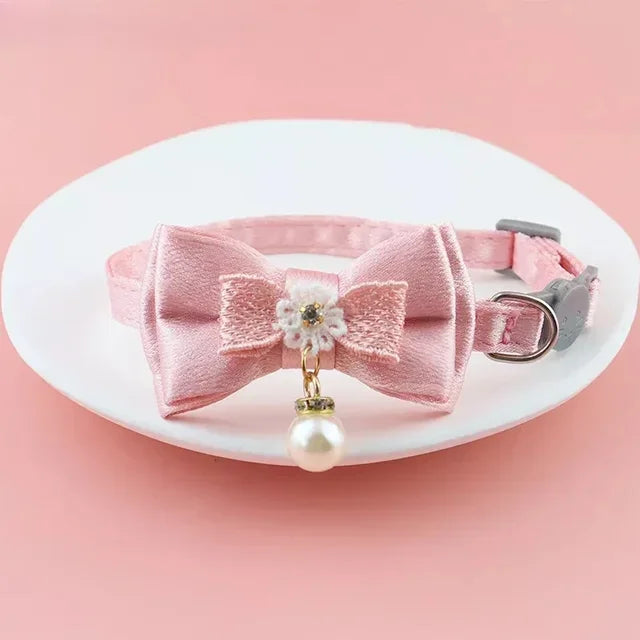 Pet Collar Pink Lace Bow Hanging Bead Cat Choker
