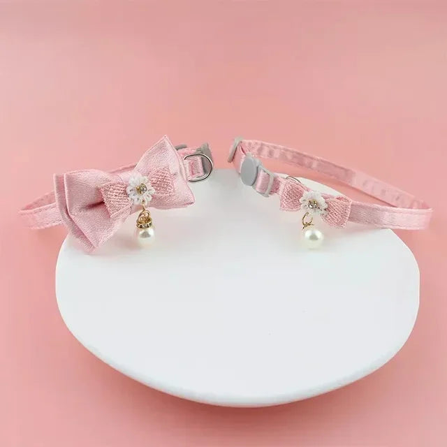 Pet Collar Pink Lace Bow Hanging Bead Cat Choker