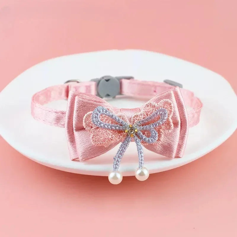 Pet Collar Pink Lace Bow Hanging Bead Cat Choker
